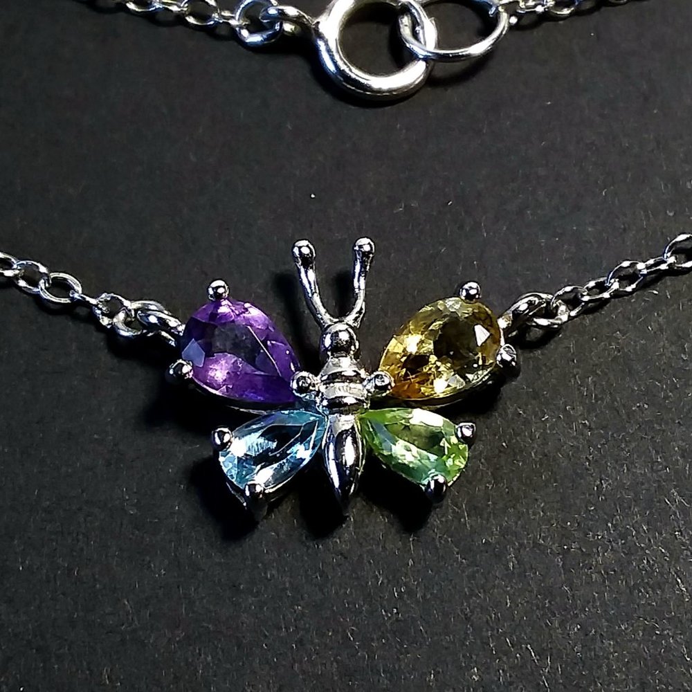 925 Sterling Silver Pendant Necklace Butterfly Multi Gemstone 16in 90s Vtg Y2K - Picture 5 of 8